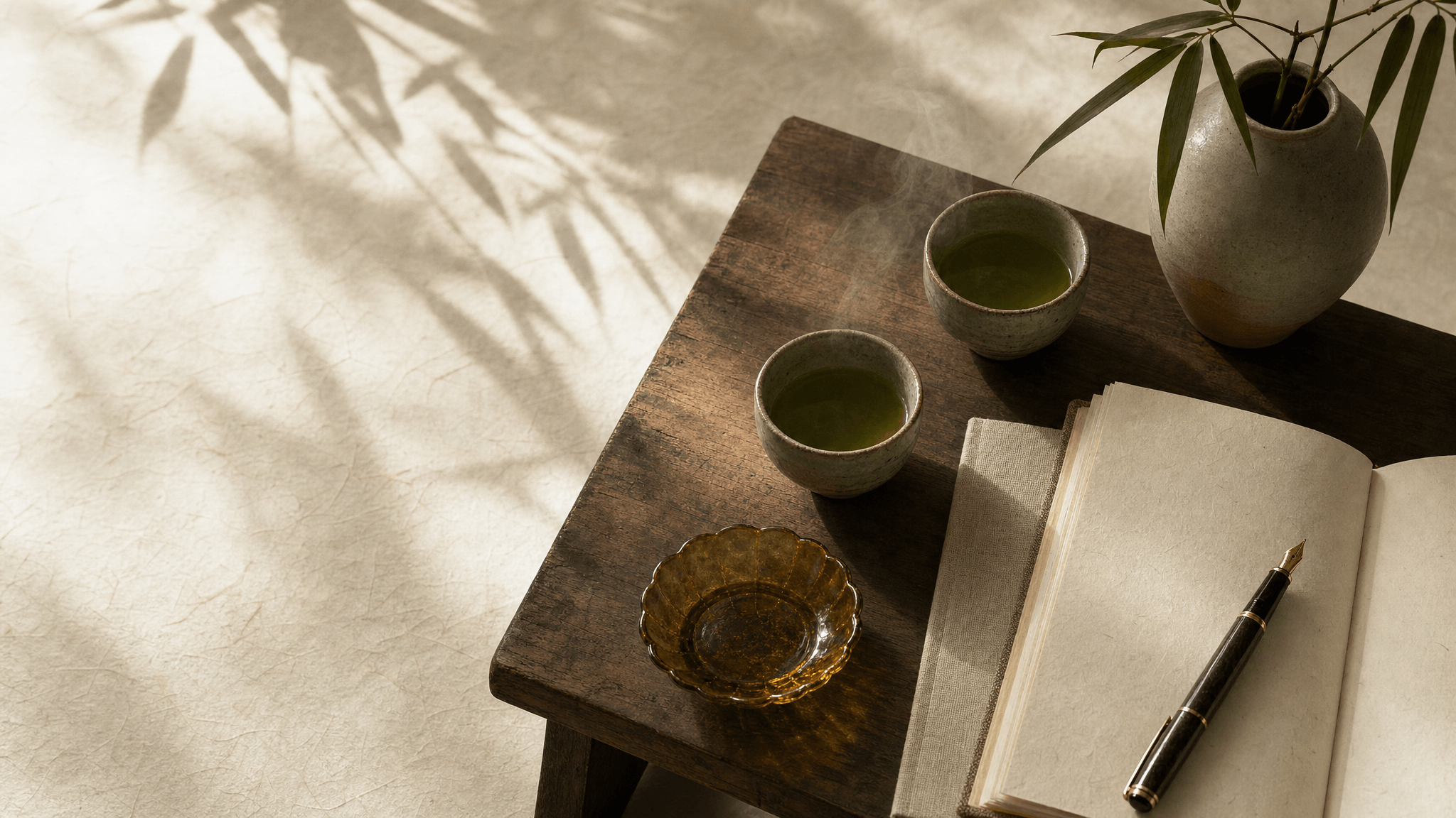 Two ceramic tea cups and a notebook in soft leaf-shadowed light