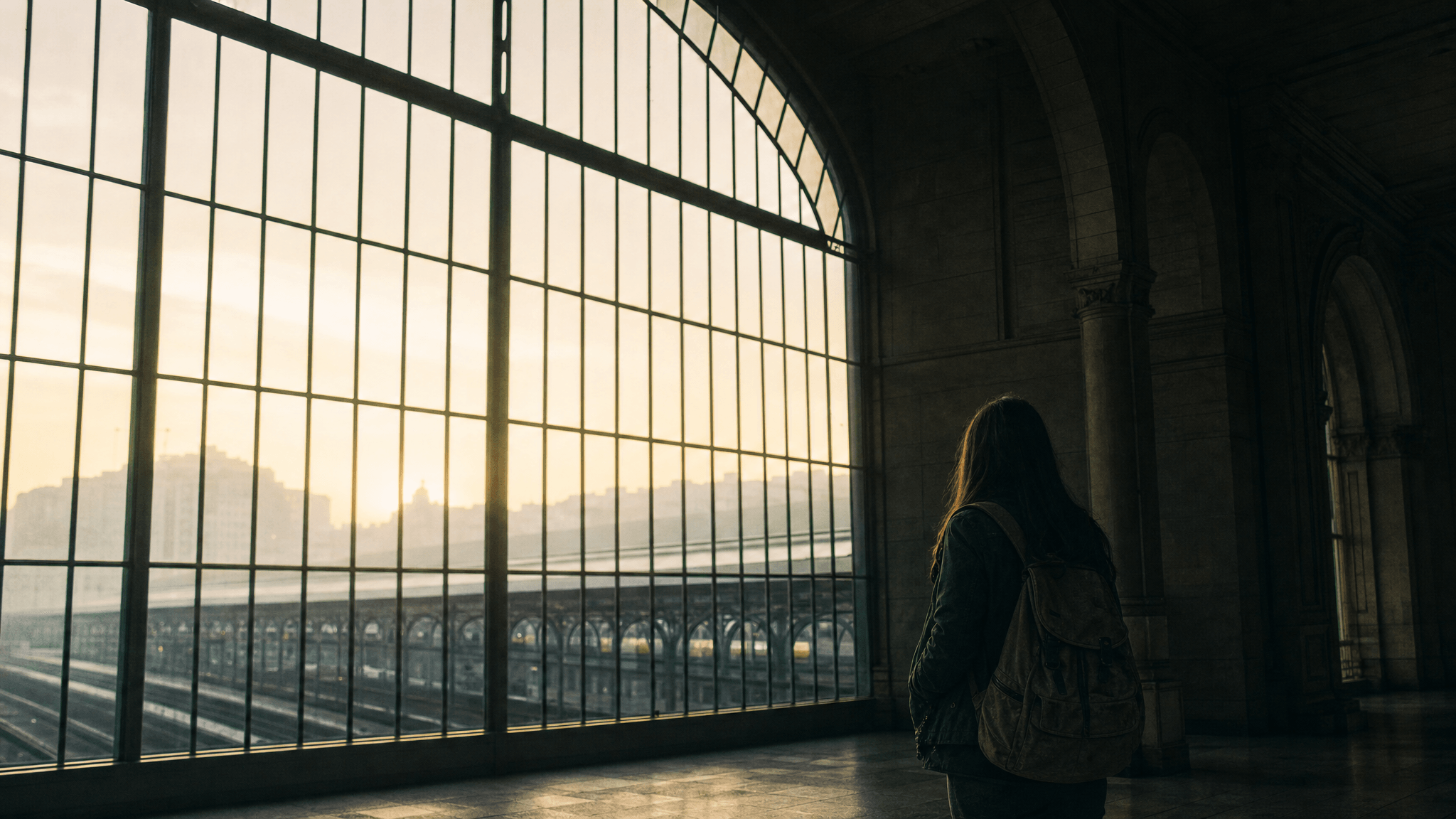 A traveler with a backpack looking out a vast station window at dawn